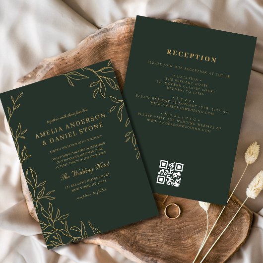 Invitation QR Code Vert Gold Minimal Mariage feuille