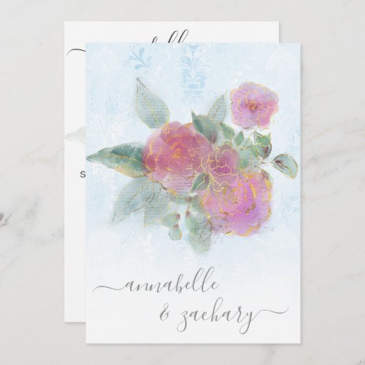 Invitation *~* QR Damask AR12 RSVP Rose Bouquet Mariage or (Devant / Derrière)