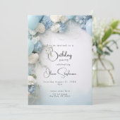 Invitation QR Festive Ciel bleu Fleurs et Ballons blancs (Debout devant)