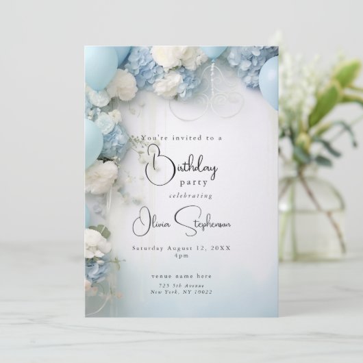 Invitation QR Festive Ciel bleu Fleurs et Ballons blancs (Debout devant)