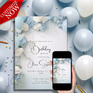 Invitation QR Festive Ciel bleu Fleurs et Ballons blancs