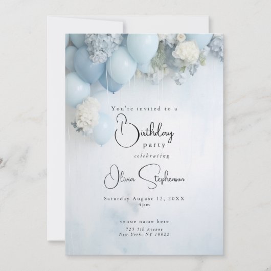 Invitation QR Festive Dusty Bleu Fleurs et Ballons (Devant)