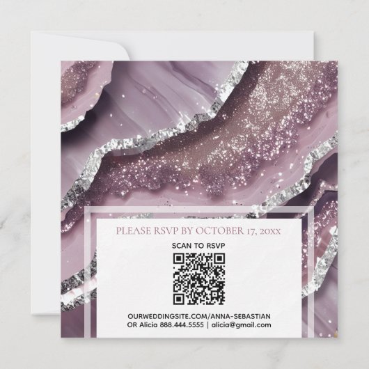 Invitation *~* QR MAUVE Argent AGATE AR66 Mariage RSVP (Dos)