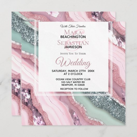 Invitation *~* QR MINT PINK Argent AGATE AR66 Mariage RSVP (Devant / Derrière)