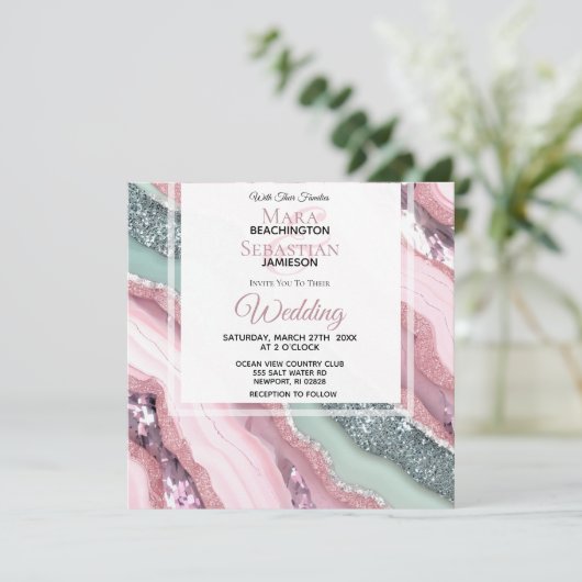 Invitation *~* QR MINT PINK Argent AGATE AR66 Mariage RSVP (Debout devant)