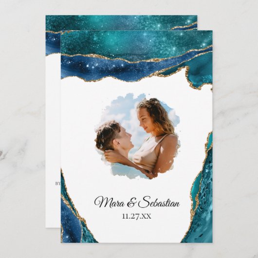 Invitation *~* QR - PHOTO - RSVP AR13 Mariage AGATE Turquoise (Devant / Derrière)