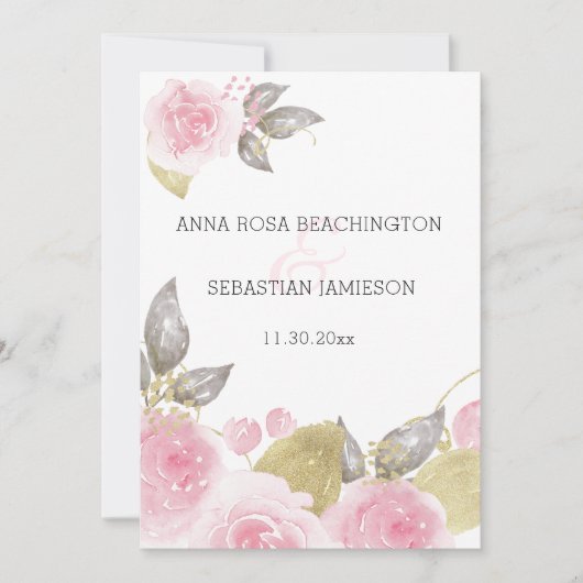Invitation *~* QR Roses roses AR15 - Mariage floral or RSVP (Devant)
