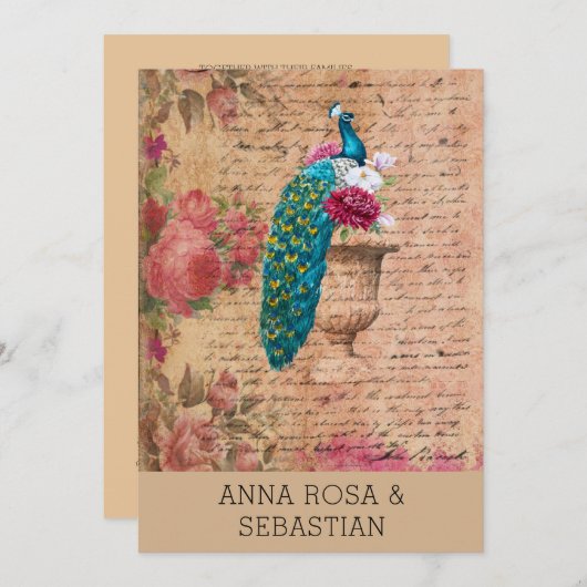 Invitation *~* QR RSVP Peacock Vinaage Victorian AR24 Mariage (Devant / Derrière)