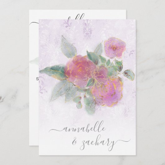 Invitation *~* QR Violet Damask RSVP Rose AR12 Mariage Invita (Devant / Derrière)