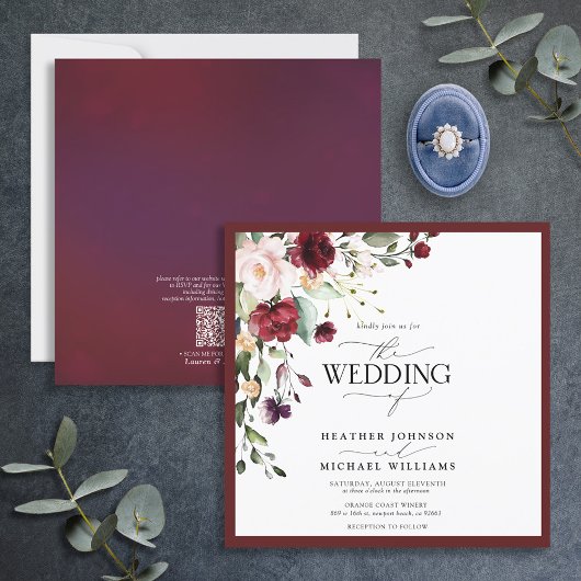 Invitation QRCode Burgundy Navy bleu floral Aquarelle Script