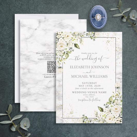 Invitation QRCode Mariage de marbre gris clair blanc floral o