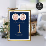 Invitation Quand Nous Étions Age Photos Mariage Table No Mari<br><div class="desc">Lorsque Nous Étions Des Photos De L'Âge Mariage Gold Navy Blue Script Table Numéro Carte. Disponible numériquement et imprimé. Un design minimaliste avec "Quand nous étions" dans un script de style manuscrit et votre numéro de table en dessous. Personnalisez facilement le nombre, remplacez l'exemple d'images par le vôtre pour cet...</div>