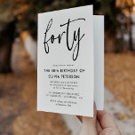 Invitation Quarante | 40e anniversaire noir et blanc moderne<br><div class="desc">Cette invitation à la fête du 40e anniversaire, moderne, noire et blanche, présente une typographie moderne et classe. Le mot "quarante" apparaît dans la calligraphie de style script. Parfait pour donner le ton élégant d'une merveilleuse fête du quarantième anniversaire. Le jeu de couleurs de l'invitation est facile à customiser -...</div>