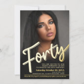 Invitation Quarante 40e anniversaire script photo or plat cou (Devant)