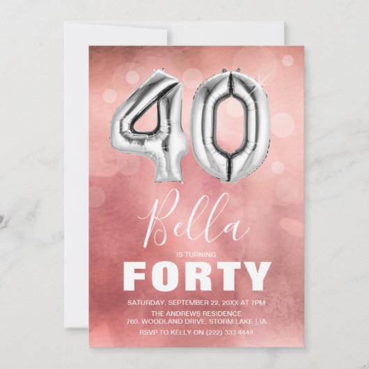 Invitation Quarante Anniversaire Fête Moderne Rose Age Balloo (Devant)