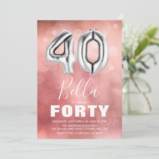 Invitation Quarante Anniversaire Fête Moderne Rose Age Balloo (Debout devant)