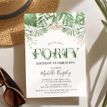 Invitation Quarante Aquarelle Tropicale Verdure 40e anniversa<br><div class="desc">40 ans ! Cette invitation à la fête d'anniversaire de verdure tropicale aquarelle est conçue pour une 40ème célébration. Elles sont chic, élégantes et fabuleuses, subjuguant les ambiances estivales avec de succulents feuillages exotiques et des accents florneurs faux or. Le mot FORTY est orné d'une végétation tropicale assortie pour rehausser...</div>