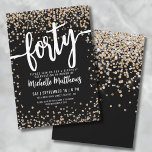 Invitation Quarante Black Gold 40e anniversaire<br><div class="desc">Présentant une invitation chic et festive de 40e anniversaire, parfait pour marquer ce jalon spécial dans le style. L'élégant design associe des confettis de parties scintillant dorée et argentée, ajoutant une touche de plaisir et de fête. En haut, "Quarante" est présenté en gras calligraphie, donnant le ton d'une célébration inoubliable....</div>