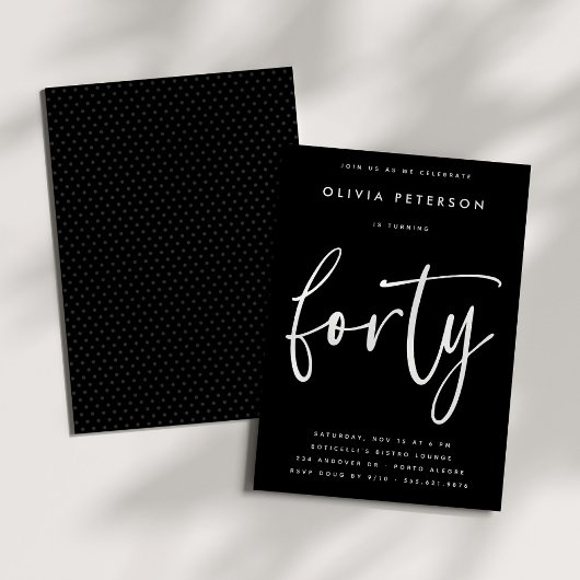 Invitation Quarante | Blanc moderne sur Noir 40e fête d'anniv