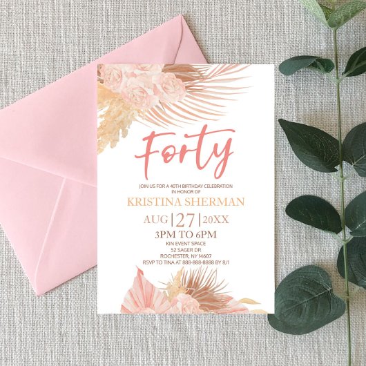 Invitation Quarante Boho rose Floral 40e anniversaire fête