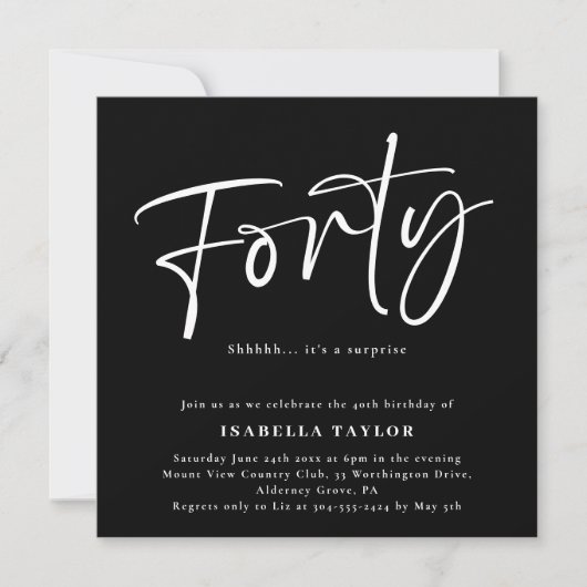 Invitation Quarante chic minimal noir blanc 40e anniversaire (Devant)