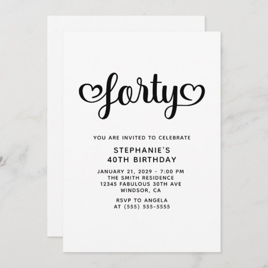 Invitation Quarante Coeurs mignons Script 40e anniversaire (Devant / Derrière)