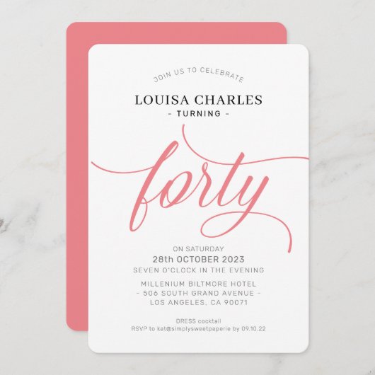 Invitation Quarante élégant anniversaire chic script corail m (Devant / Derrière)