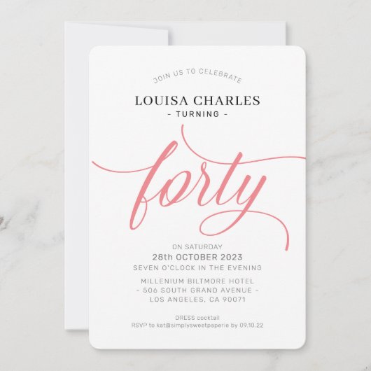 Invitation Quarante élégant anniversaire chic script corail m (Devant)