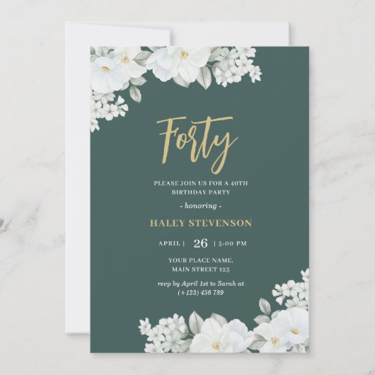 Invitation Quarante Emerald Green & Gold White Floral (Devant)