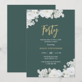 Invitation Quarante Emerald Green & Gold White Floral (Devant / Derrière)