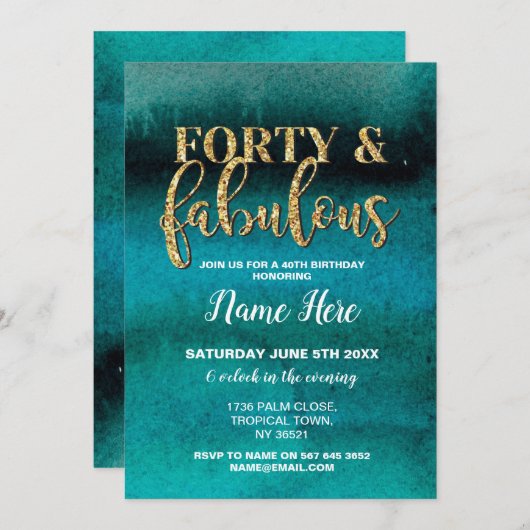 Invitation Quarante et fabuleux fête d'anniversaire Turquoise (Devant / Derrière)