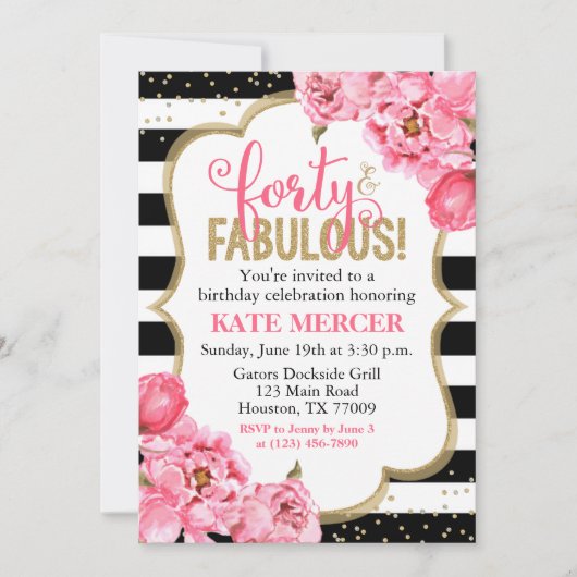 Invitation Quarante et fabuleux Pink Gold Floral 40e annivers (Devant)