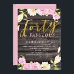 Invitation Quarante et fête d'anniversaire florale rose<br><div class="desc">Invitation élégante de fête d'anniversaire pour la dame qui tourne 40 ! Aquarelle peinte à la main florale (de la magnolia et du camélia) dans rose et crème autour de la carte avec le texte d'or de faux qui indique "quarante et fabuleux." L'arrière - plan est une texture en bois....</div>