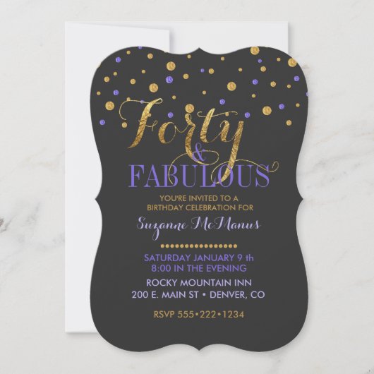Invitation Quarante & Fabuleux Points de feuille d'or Violet  (Devant)