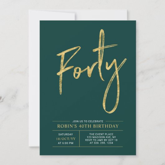 Invitation Quarante | Fête d'anniversaire 40 ans Moderne Or & (Devant)