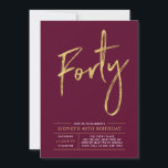 Invitation Quarante | Gold & Bourgogne moderne fête du 40e an<br><div class="desc">Célébrez votre journée spéciale avec cette simple et élégante invitation à la fête du 40e anniversaire. Ce design présente un script de brosse chic "Quarante" avec une mise en page propre dans un combo de couleur rouge et or bordeaux. D'autres conceptions et fournitures de fête sont disponibles à ma boutique...</div>