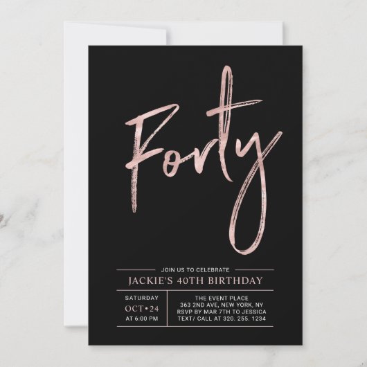 Invitation Quarante | Modern Brush Rose Gold 40th Birthday Pa (Devant)