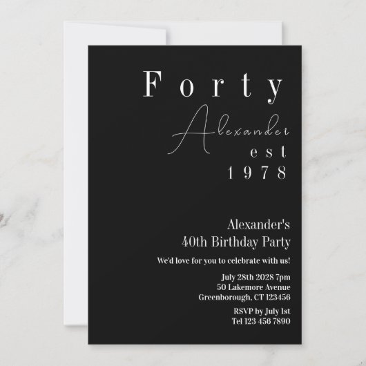 Invitation Quarante Noir et Blanc 40e fête d'anniversaire (Devant)