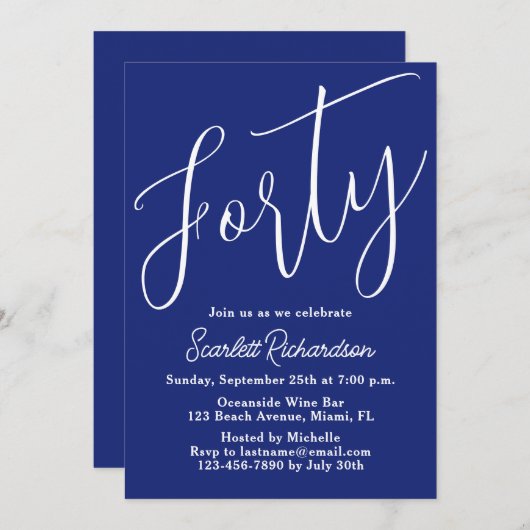 Invitation Quarante Script moderne Marine Bleu 40e fête d'ann (Devant / Derrière)