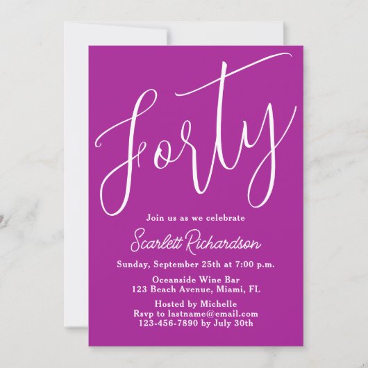 Invitation Quarante Script moderne rose foncé fête de 40e ann (Devant)