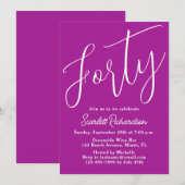 Invitation Quarante Script moderne rose foncé fête de 40e ann (Devant / Derrière)