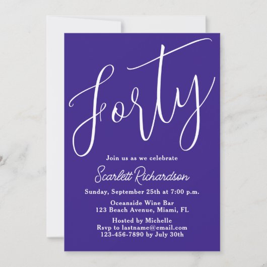 Invitation Quarante Script moderne violet 40e fête d'annivers (Devant)