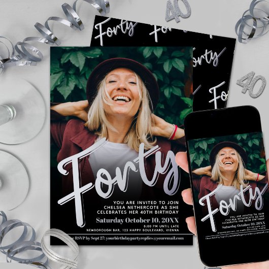 Invitation Quarante script photo d'anniversaire 40 ans couleu