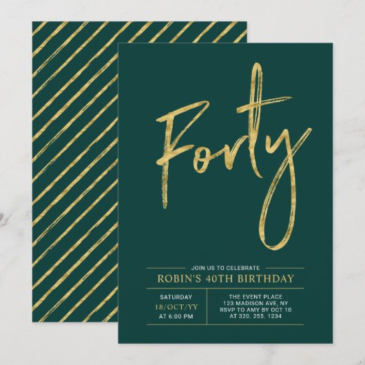 Invitation Quarante | Soirée moderne Gold & Green 40e anniver (Devant / Derrière)