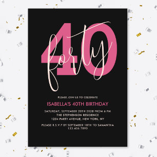 Invitation Quarantième anniversaire moderne gras noir et rose