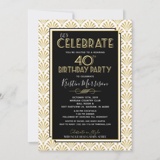 Invitation quarantième Art déco Gatsby d'anniversaire hurlant (Devant)