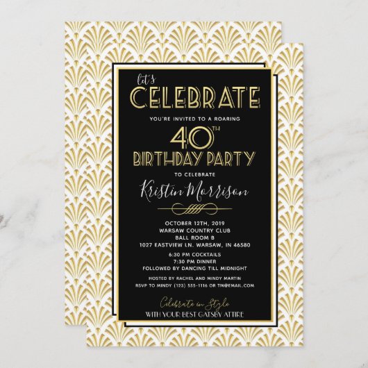 Invitation quarantième Art déco Gatsby d'anniversaire hurlant (Devant / Derrière)