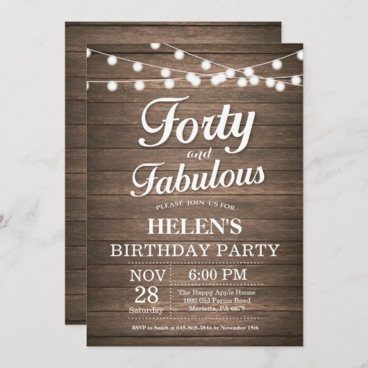 Invitation Quarantième bois rustique d'invitation (Devant / Derrière)