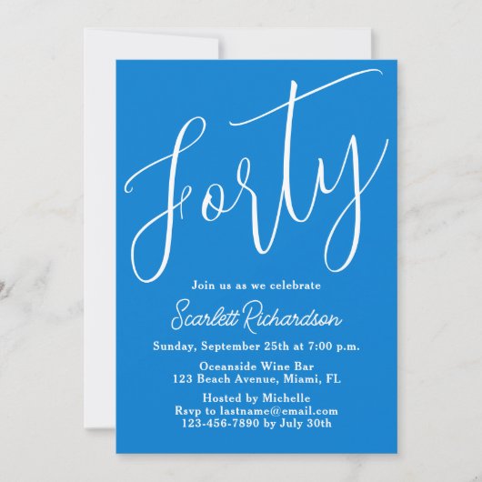 Invitation Quarantième fête d'anniversaire Modern Script Blue (Devant)