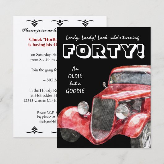 Invitation quarantième Fête d'anniversaire pour lui - voiture (Devant / Derrière)
